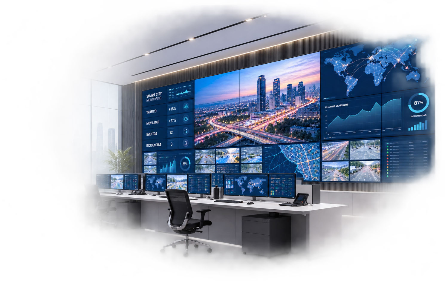 Videowall LED de gran formato Videowall LED de gran formato en un centro de control con gráficos, mapas y datos en tiempo real